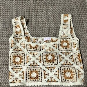 Pink Lily Crochet Lace Crop Top - Cream and Brown